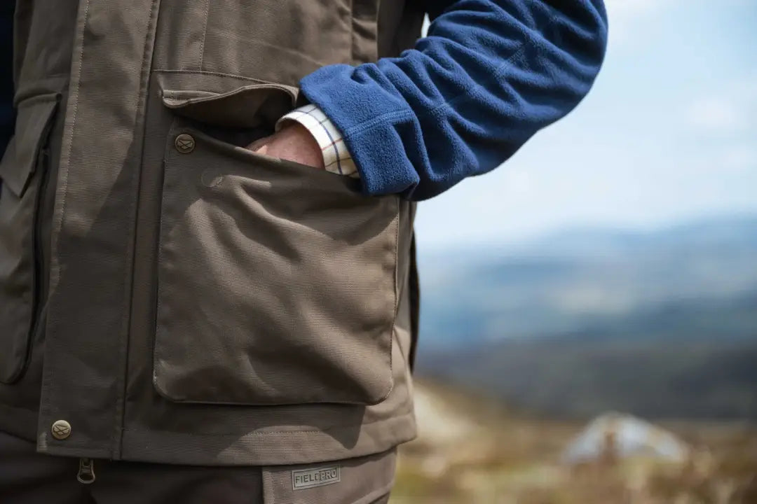 Brown Hoggs of Fife Ballater Waterproof Field Waistcoat with blue fleece lining and pocket details
