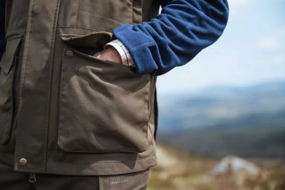 Brown Hoggs of Fife Ballater Waterproof Field Waistcoat with blue fleece lining and pocket details