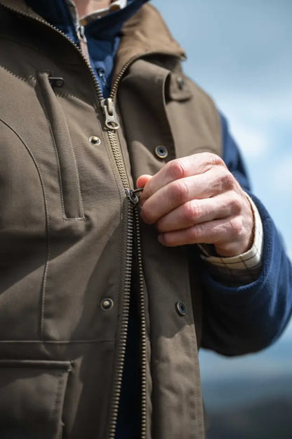Olive green Hoggs of Fife Ballater waterproof field waistcoat with pockets and button details