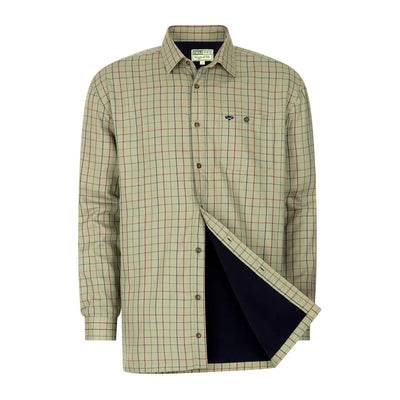 Beige checkered button-up shirt with navy lining, perfect micro fleece for smart traditional tartan vibes