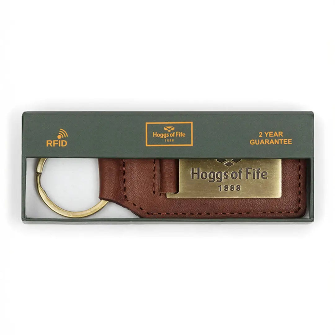 Brown leather branded keyring with brass plate in dark green gift box for country clothing or hunting fans