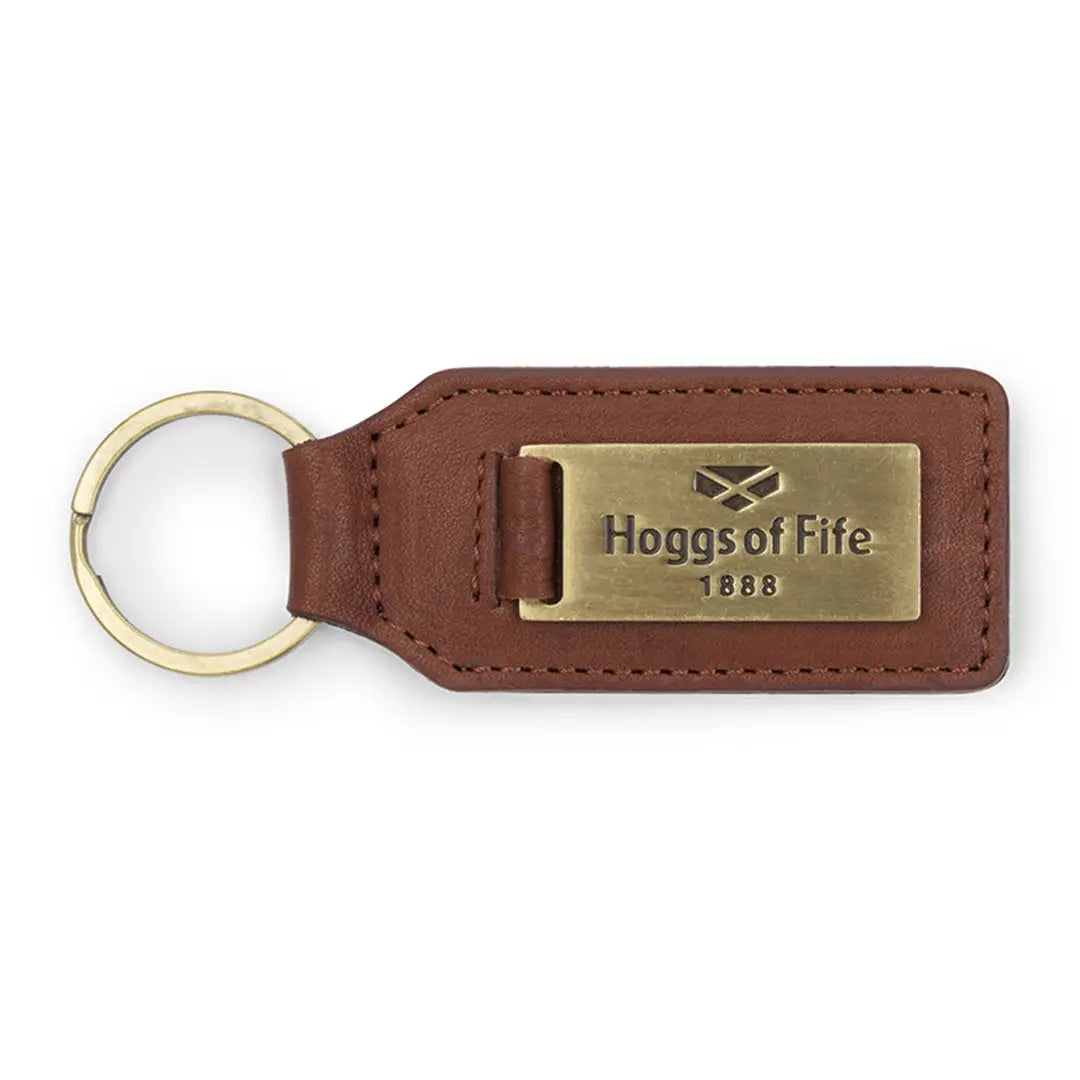 Brown leather branded keyring with brass plate from Hoggs of Fife country clothing