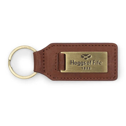 Brown leather branded keyring with brass plate from Hoggs of Fife country clothing