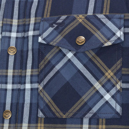 Dark blue, white, and tan plaid Brunton Sherpa lined shacket with button flap pocket