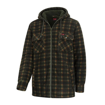 Men’s dark plaid Fife Caithness Hooded Fleece Shacket with full zipper and chest pockets