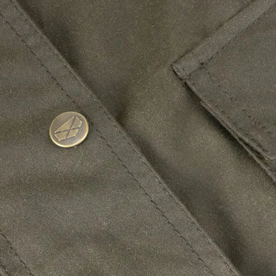 Button with stylized A on Hoggs of Fife Caledonia jacket featuring water resistant qualities