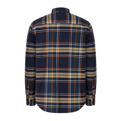 Navy blue plaid flannel button-up shirt perfect for country clothing, hunting, and outdoors