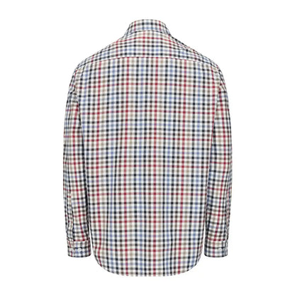 Close-up of Hoggs of Fife Douglas Twill Shirt with colorful gingham pattern and chest pocket