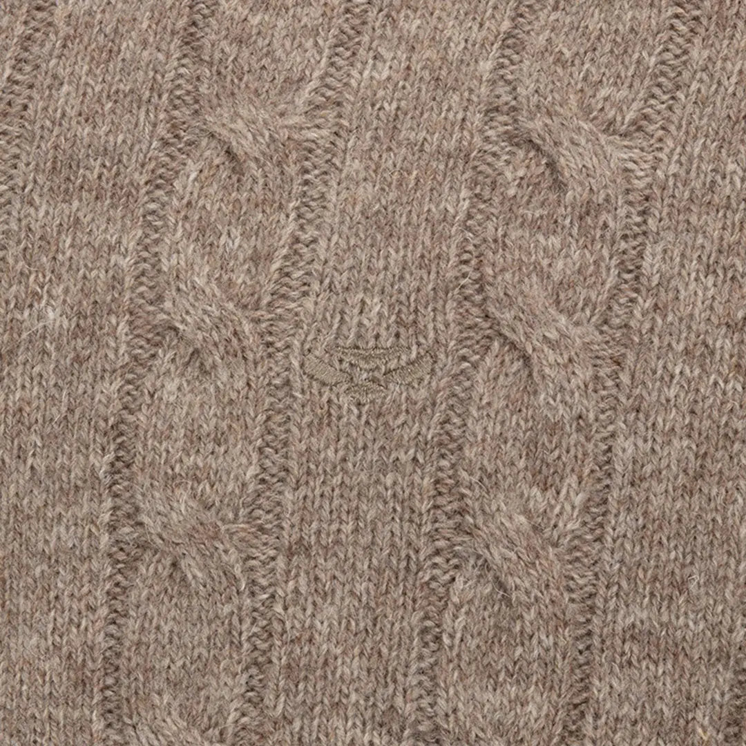 Light brown Jedburgh II Cable Pullover with embroidered emblem from Hoggs of Fife