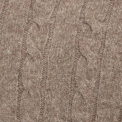 Light brown Jedburgh II Cable Pullover with embroidered emblem from Hoggs of Fife
