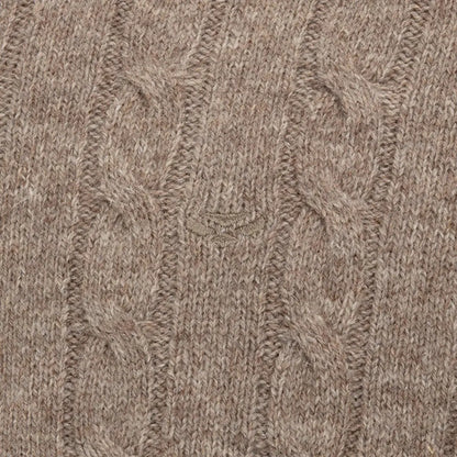 Light brown Jedburgh II Cable Pullover with embroidered emblem from Hoggs of Fife