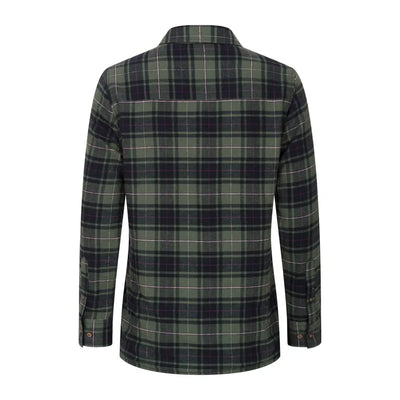 Dark green and black plaid flannel shirt with microfleece lining for ultimate comfort
