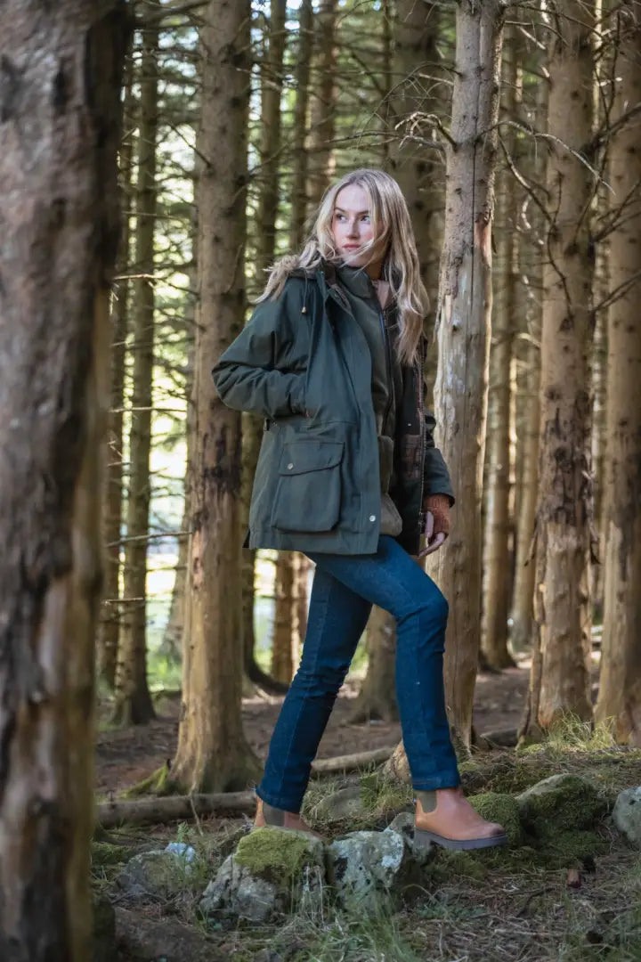 Olive green Hoggs of Fife Ladies Kelso Waterproof Wax Jacket with hood and pockets