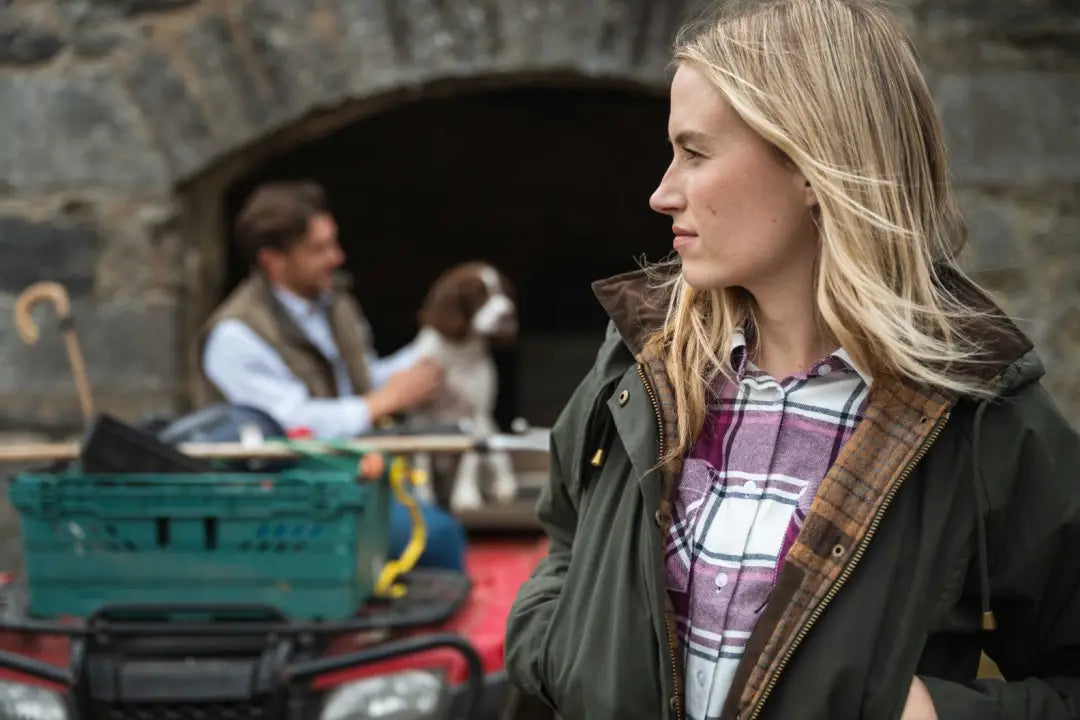 Olive green Hoggs of Fife Ladies Kelso Waterproof Wax Jacket with plaid shirt underneath