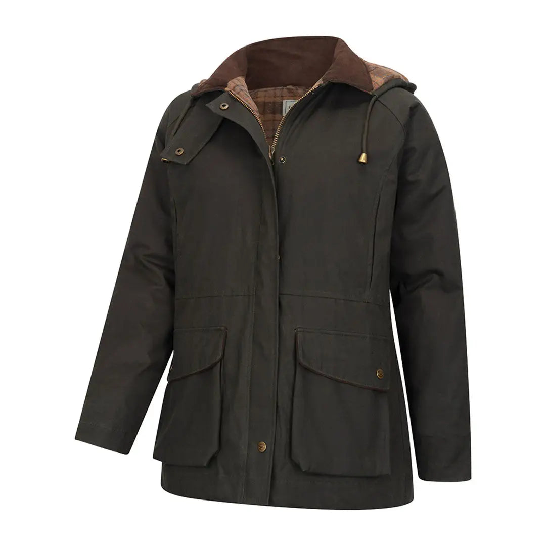 Dark green Hoggs of Fife Ladies Kelso Waterproof Wax Jacket with plaid lining
