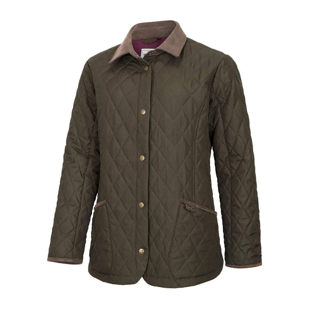 Olive green Fife Ladybank quilted jacket with brown corduroy collar and gold snaps