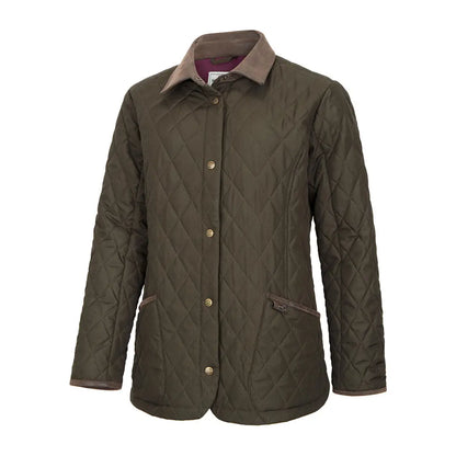 Olive green Fife Ladybank quilted jacket with brown corduroy collar and gold snaps