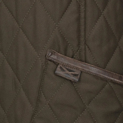 Dark green Fife Ladybank quilted jacket with leather trim and tag for style and warmth
