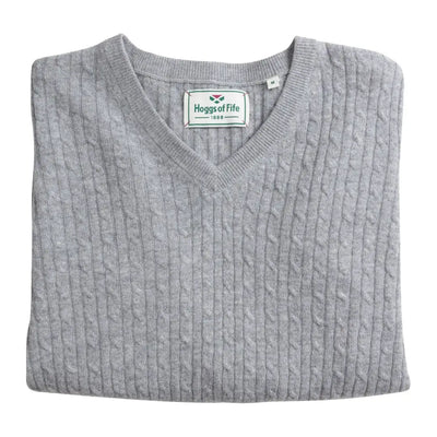 Gray cable-knit V-neck sweater with Hoggs of Fife label, perfect for Lauder ladies