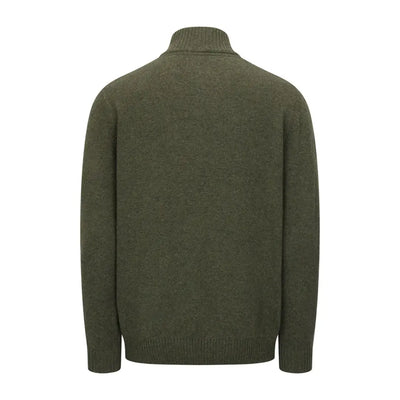 Olive green knit sweater with high collar from Hoggs of Fife, a modern classic zip pullover