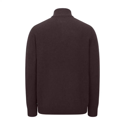 Dark brown turtleneck sweater with ribbed collar in Hoggs of Fife zip neck pullover