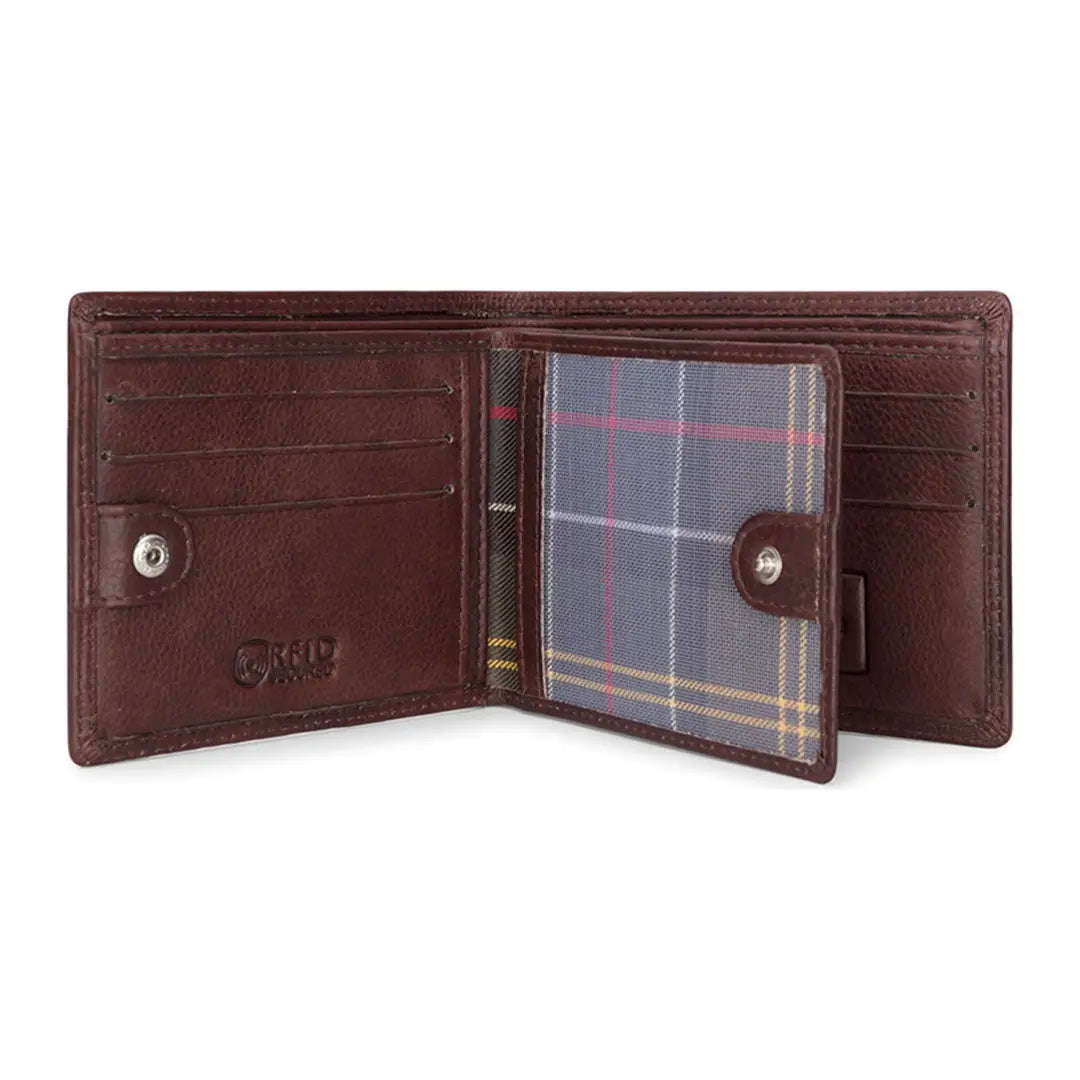 Open brown leather credit card wallet with a stylish plaid interior from Hoggs of Fife