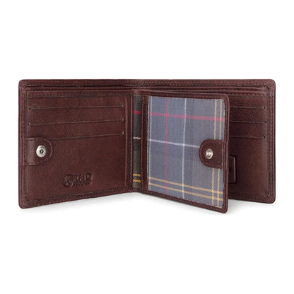 Open brown leather credit card wallet with a stylish plaid interior from Hoggs of Fife