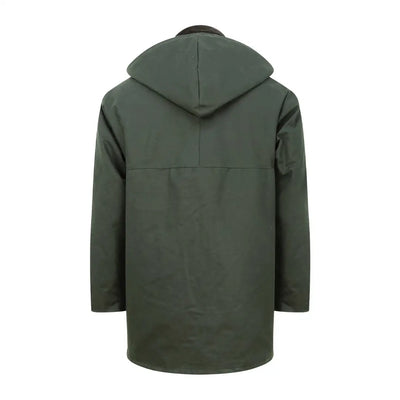 Dark green hooded Fife Padded Wax Jacket with zipper closure for stylish rain protection