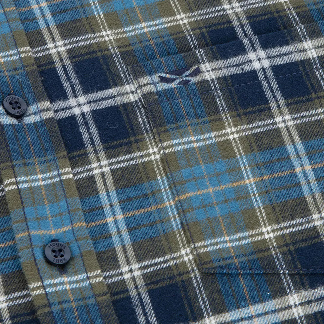 Blue green white plaid check shirt with brushed finish and twin button-flap details