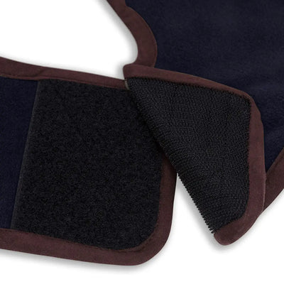 Dark blue Hoggs of Fife Stenton Dog Coat with brown trim and black Velcro closures