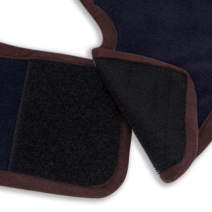 Dark blue Hoggs of Fife Stenton Dog Coat with brown trim and black Velcro closures