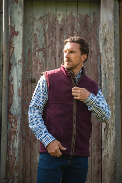 Burgundy corduroy vest with zipper and plaid shirt, part of Hoggs of Fife technical fleece collection