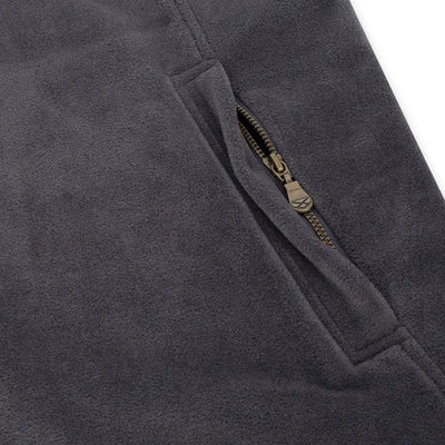 Charcoal gray technical fleece fabric with partially unzipped pocket on Hoggs of Fife Stenton Gilet for country clothing and hunting