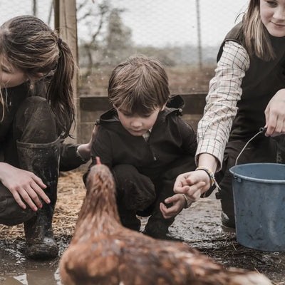 Chicken in muddy water as people wear Fife Struther Junior Smock by Hoggs Of Fife