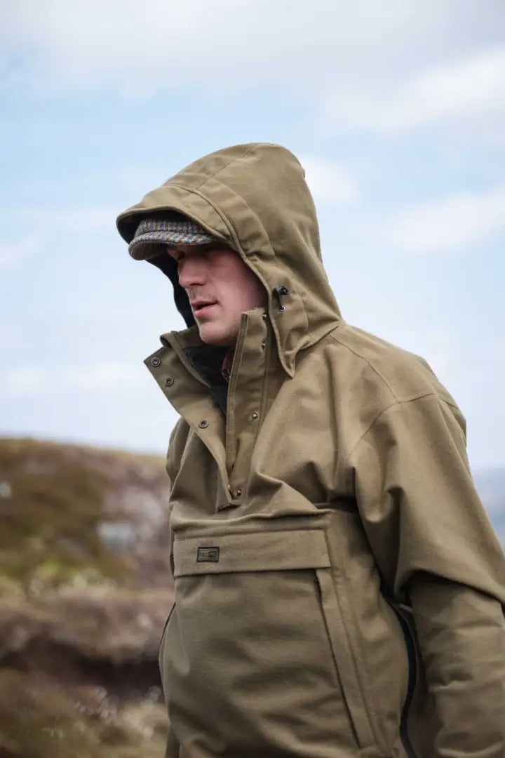 Khaki Torness Trilaminate Waterproof Smock with hood, drawstring waist, fleece lining