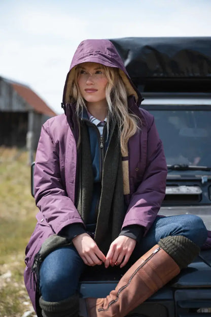 Lavender Hoggs of Fife Walker long coat with hood, black accents, waterproof country clothing