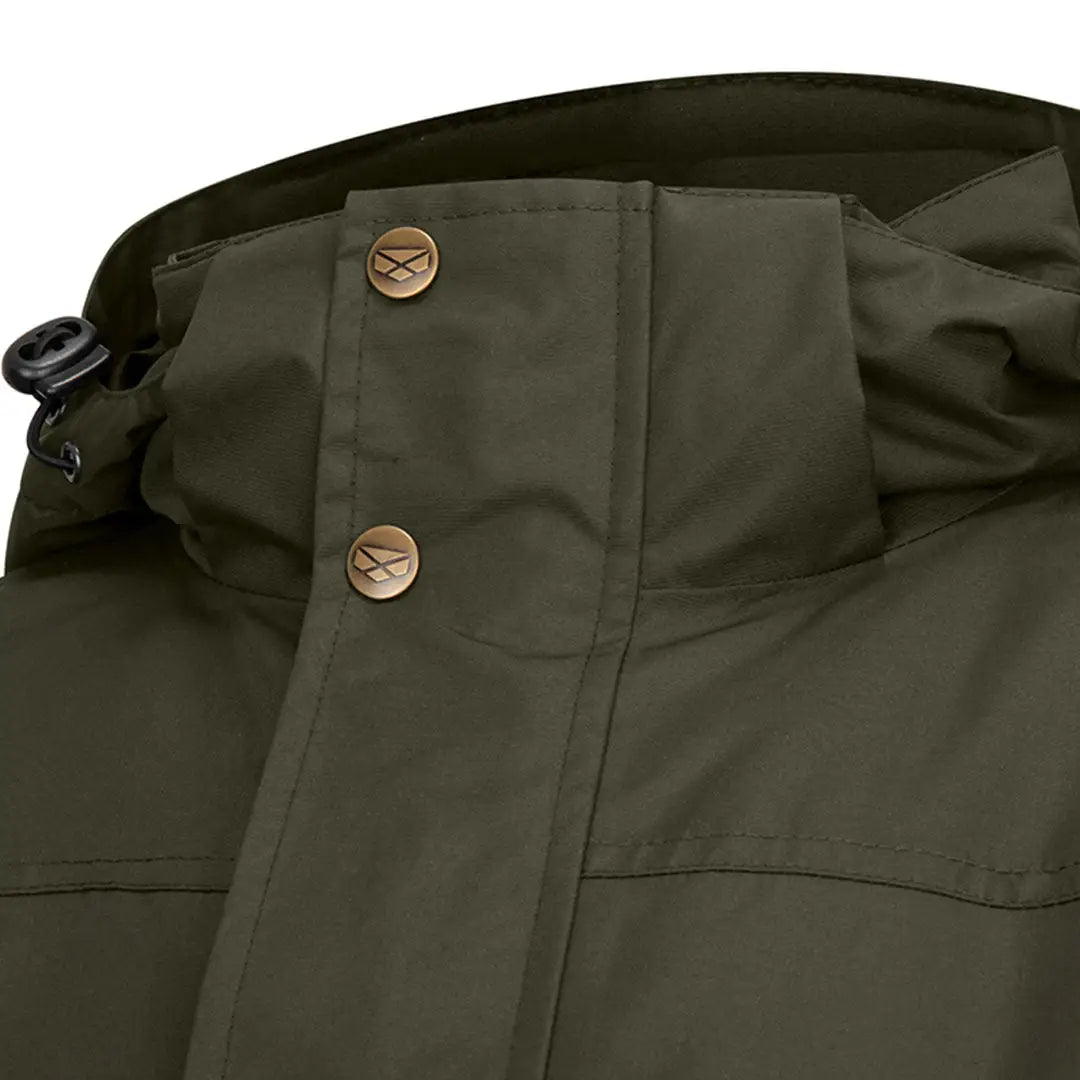 Dark green waterproof jacket with high collar and brass snaps for outdoor country clothing