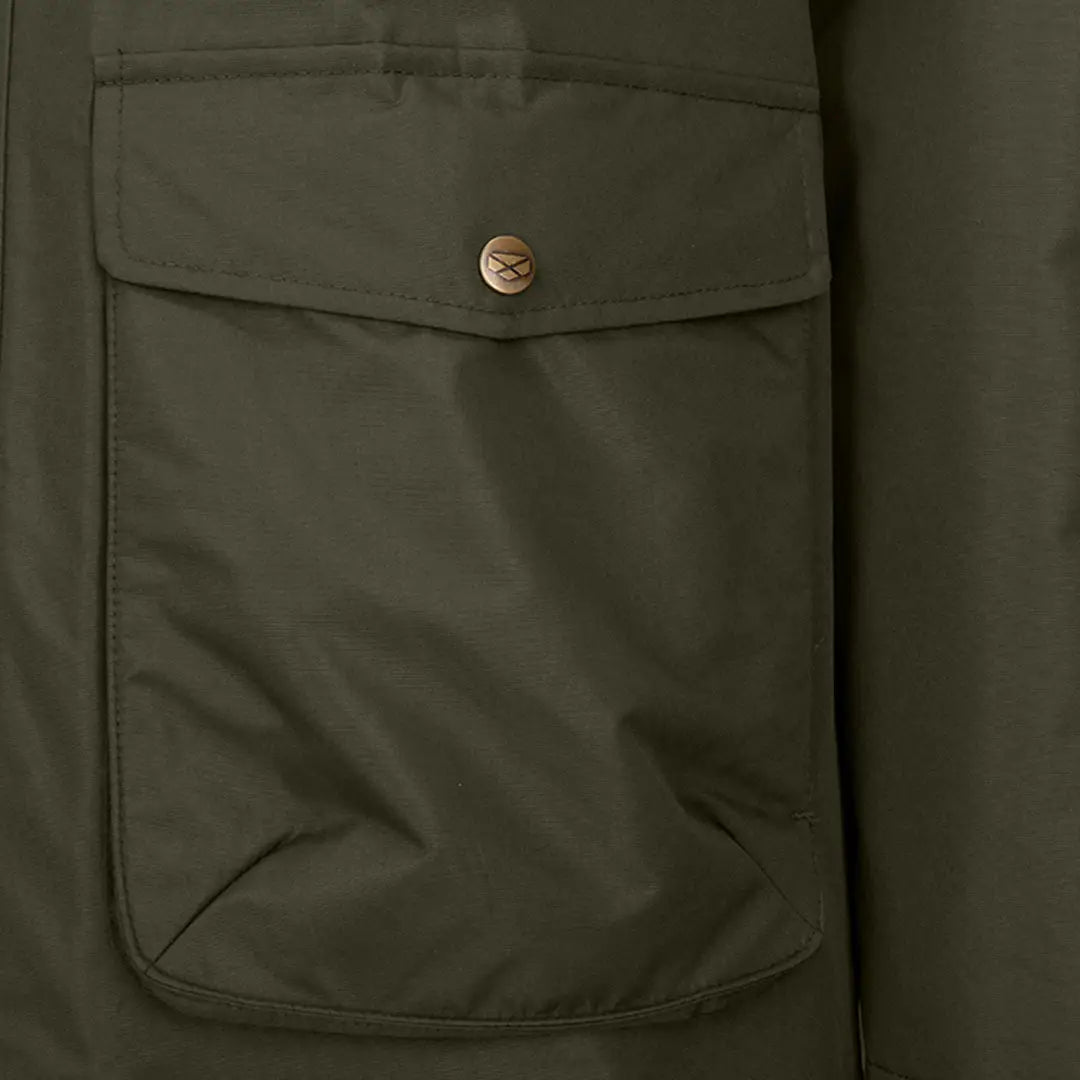 Olive green Hoggs of Fife Walker Mens Long Coat pocket with brass snap, perfect for outdoors