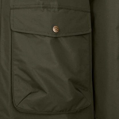 Olive green Hoggs of Fife Walker Mens Long Coat pocket with brass snap, perfect for outdoors