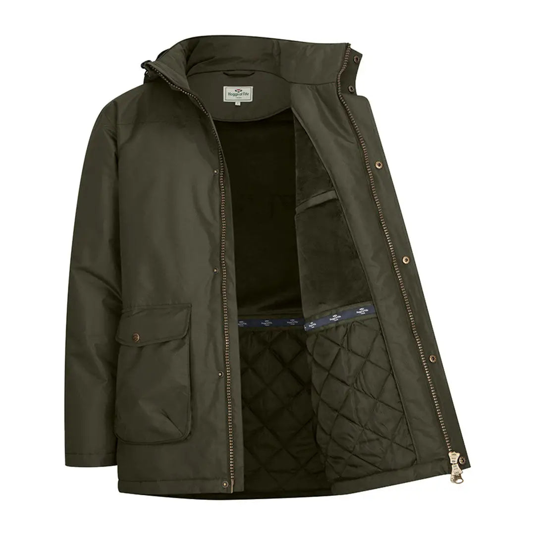 Men’s olive green waterproof hunting jacket with quilted lining for outdoor country clothing