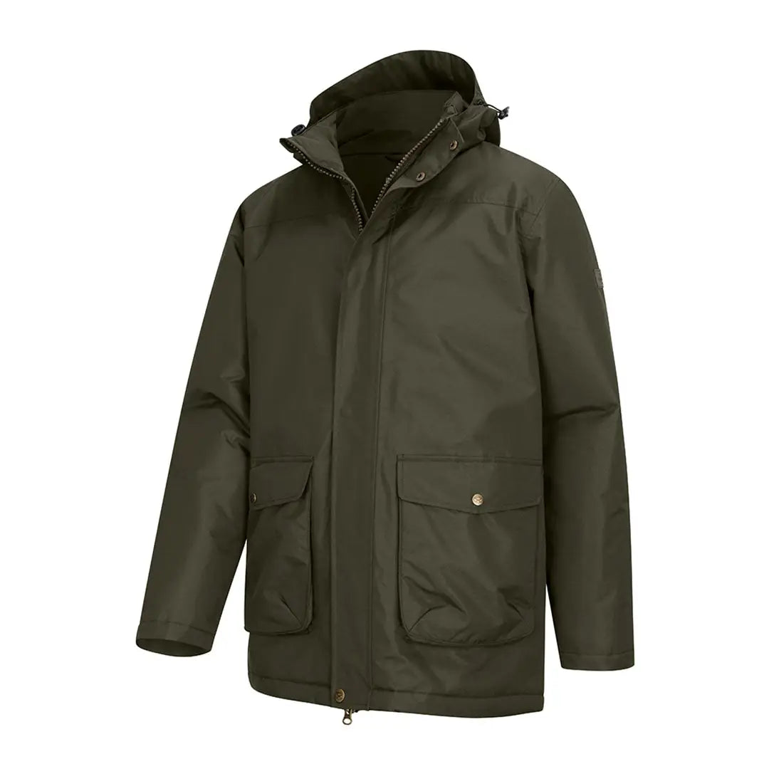 Dark green Hoggs of Fife Walker mens long coat with hood and front pockets for outdoor hunting country clothing