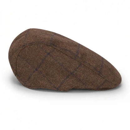 Brown plaid wool flat cap from Hoggs of Fife, stylish windowpane waterproof tweed hat