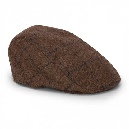 Brown plaid flat cap from Hoggs of Fife Windowpane Waterproof Tweed Hat, perfect for rainy days