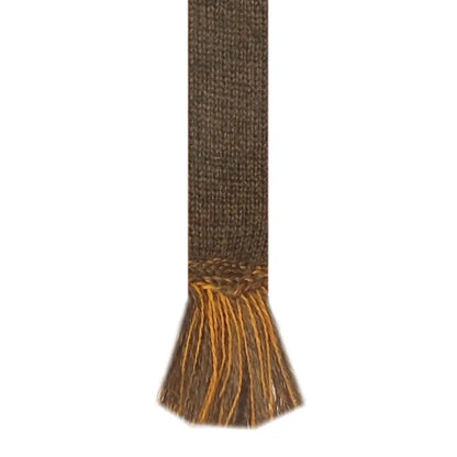 Knitted brown and gold scarf with fringed ends in House of Cheviot merino wool blend