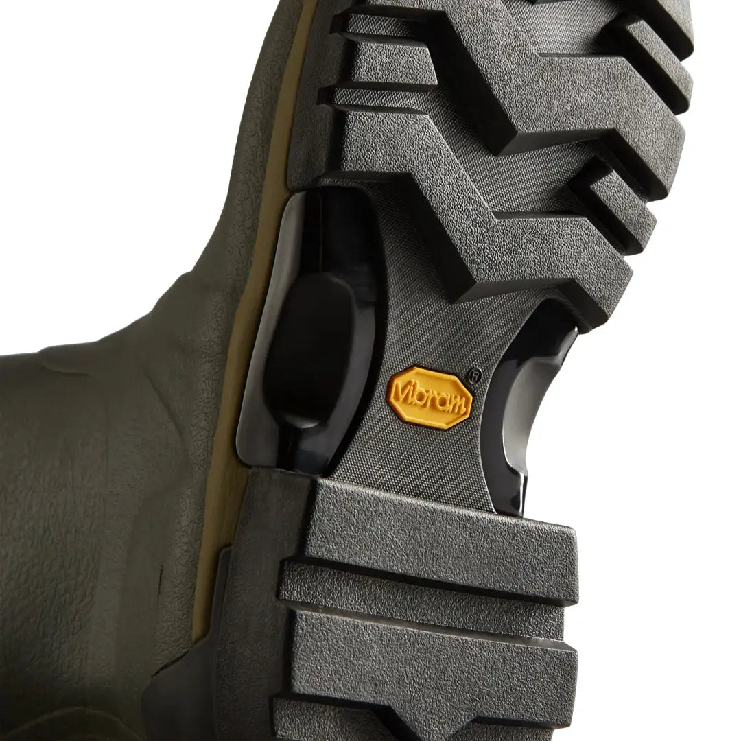 Green boot sole with Vibram logo on Hunter Balmoral Tall boots for outdoors and hunting