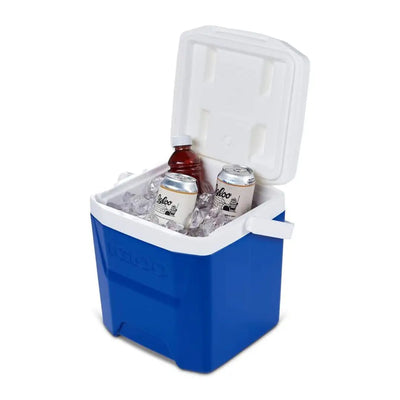 Blue and white Igloo Laguna Cooler filled with ice and drinks for outdoor fun