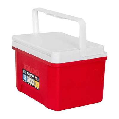 Red and white Igloo Laguna Cooler with a handy handle for easy transport