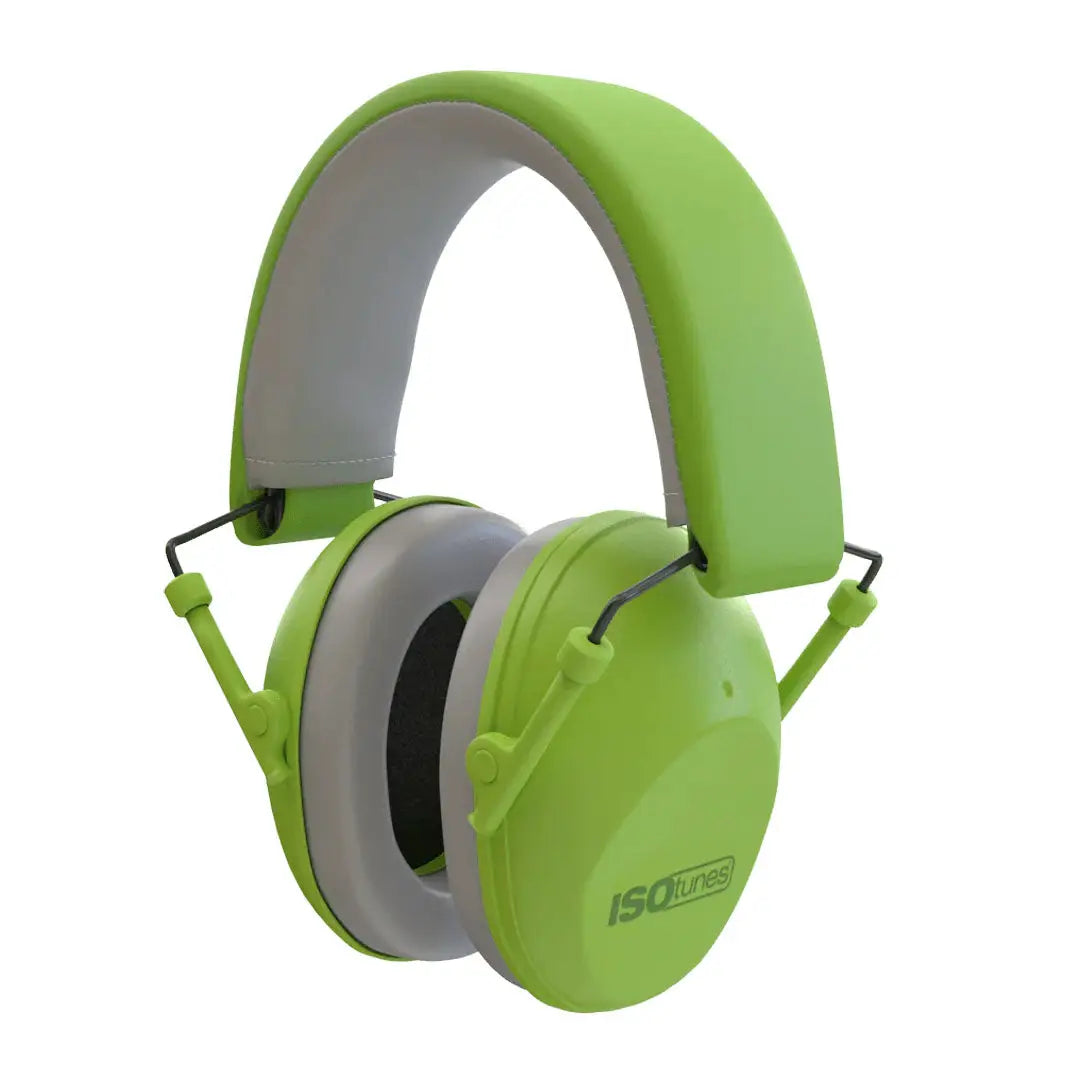 Lime green isotunes Sport Junior ear muffs with white foam padding