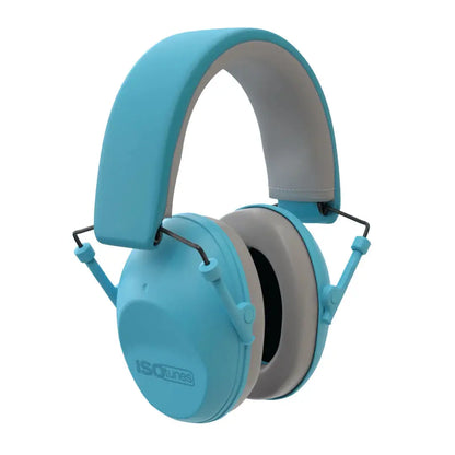 Blue ISOTunes Sport Junior noise-canceling ear muffs with gray padding