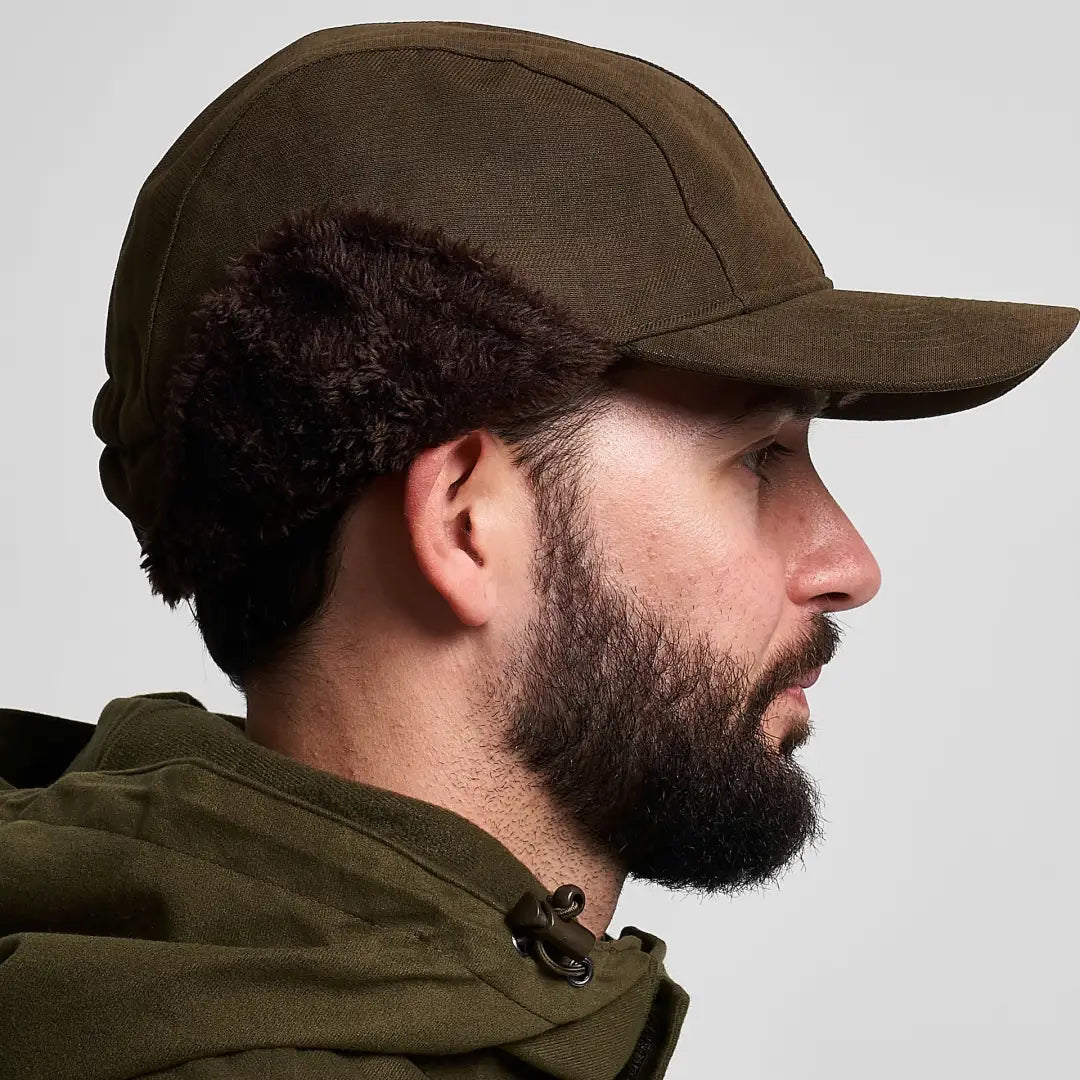 Cozy Jack Pyke Alaska hat in olive green wool with plush brown ear flaps